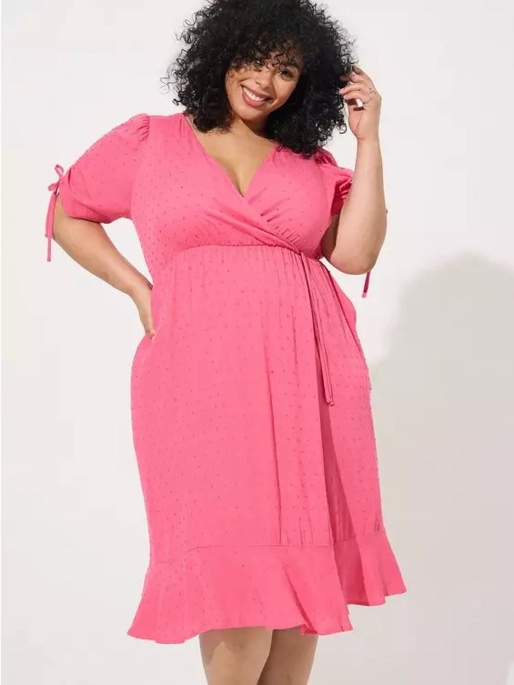 Vibrant Barbie pink Torrid Midi Swiss Linen Surplice Dress featuring a faux-wrap